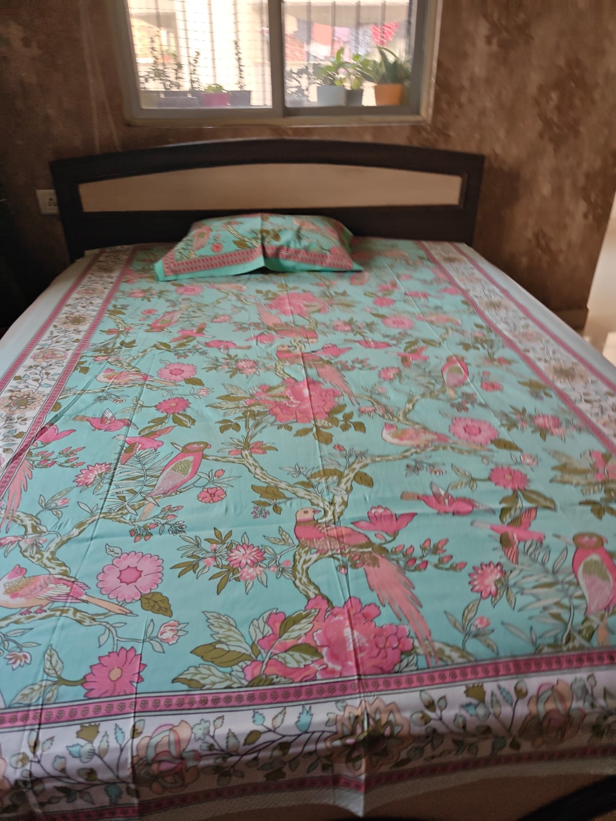 Autoloom South Cotton Cotton Aqua Green Floral Single Bedsheet (63 x 90 in)