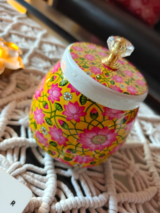 Yellow Pichwai Jar With Gold plated Lid (4x4x2 ") | Storage Metal container | Dry Fruit Jar | Thamboolam gift