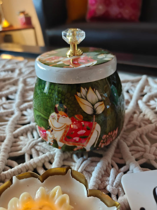 Buy Sajja Green Khamdhenu Pichwai Jar Storage container Thamboolam gift