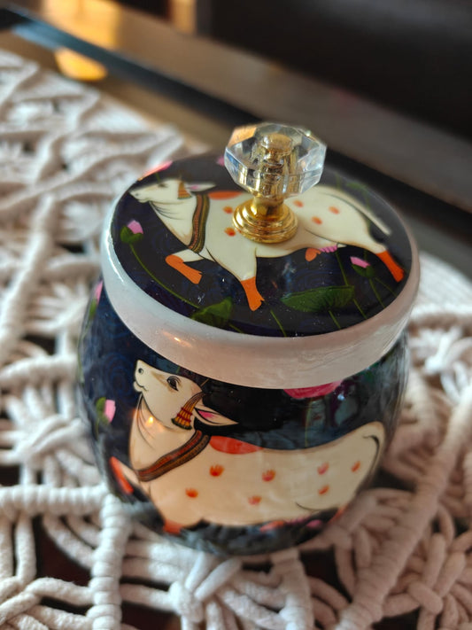 Buy Blue Pichwai Cow Jar With Lid Dry Fruit Jar Thamboolam gift Return Gift Wedding Favor