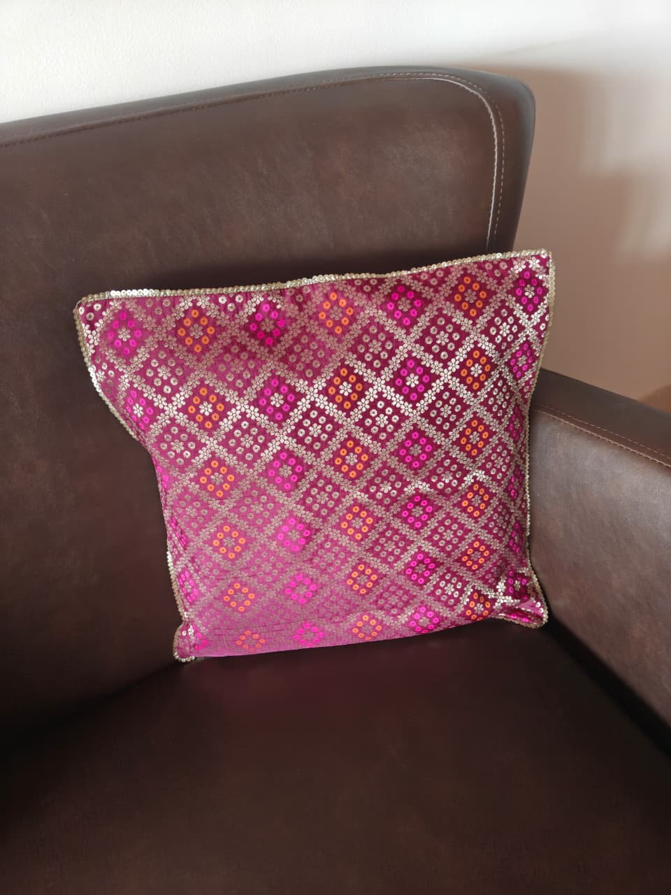 Purple- Tradational Banarasi Handwoven Bandhej Brocade Silk Cushion Covers with Vintage lace 16 x16
