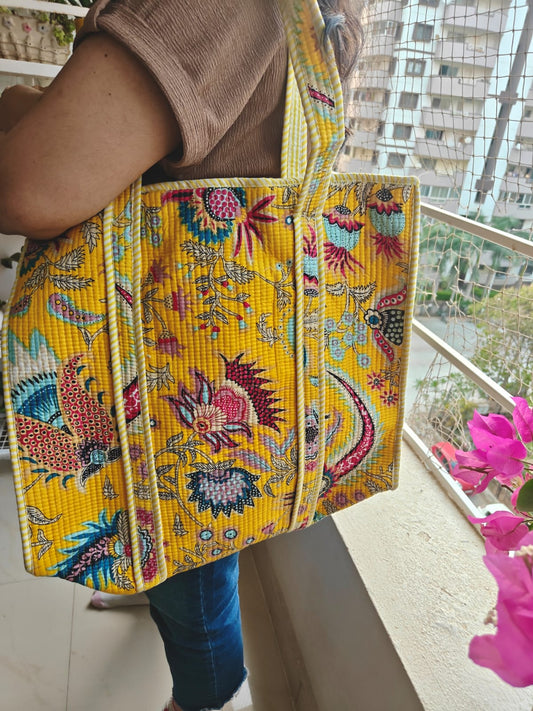 Yellow Floral Hand block Printed Quilted Tote Bag with concealed zip 15x 18x 5 inches