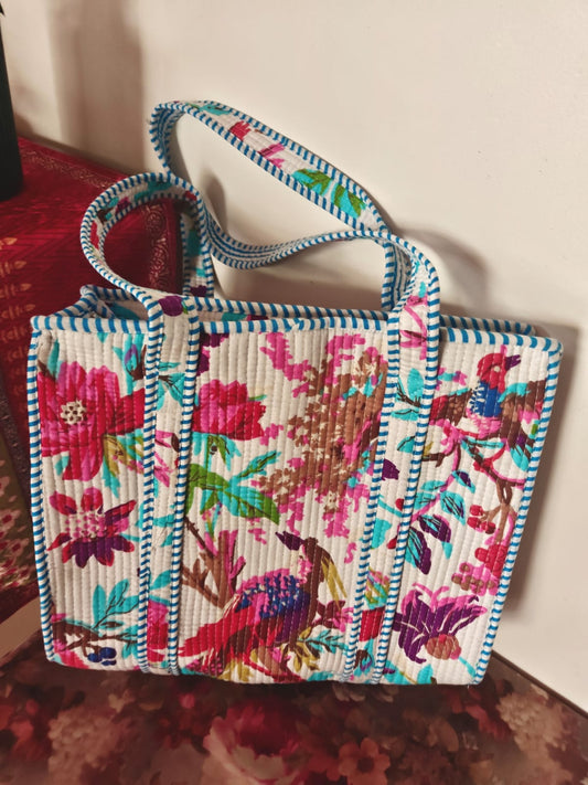 White Floral Block print tote bag - Boho quilted women's bags - Women's handbag Lunch Tote Bag