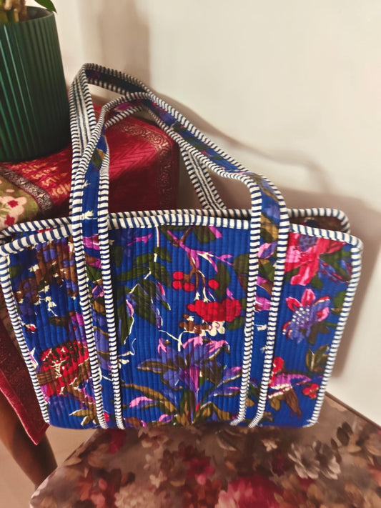 Stylish Blue Cotton Hand Block Quilted Lunch bags Shoulder bag Tote Bag with zip