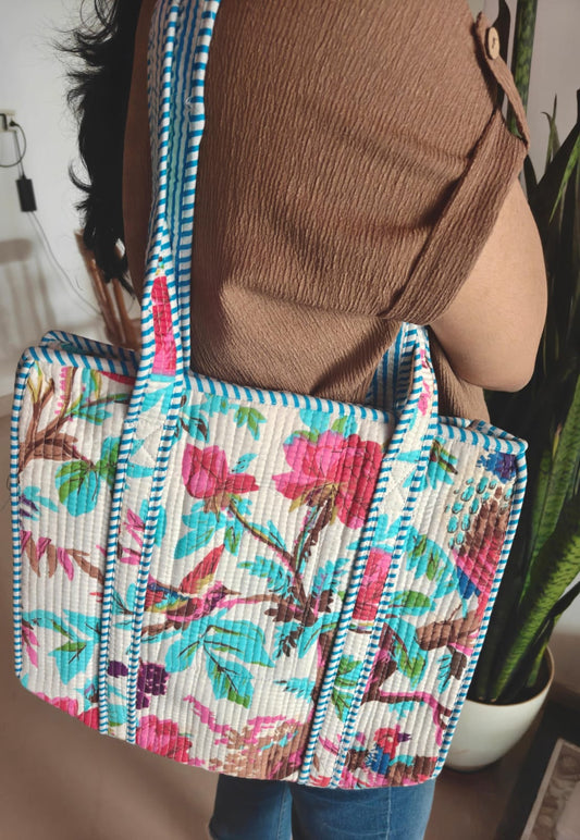 White Floral Block print tote bag - Boho quilted women's bags - Women's handbag Lunch Tote Bag