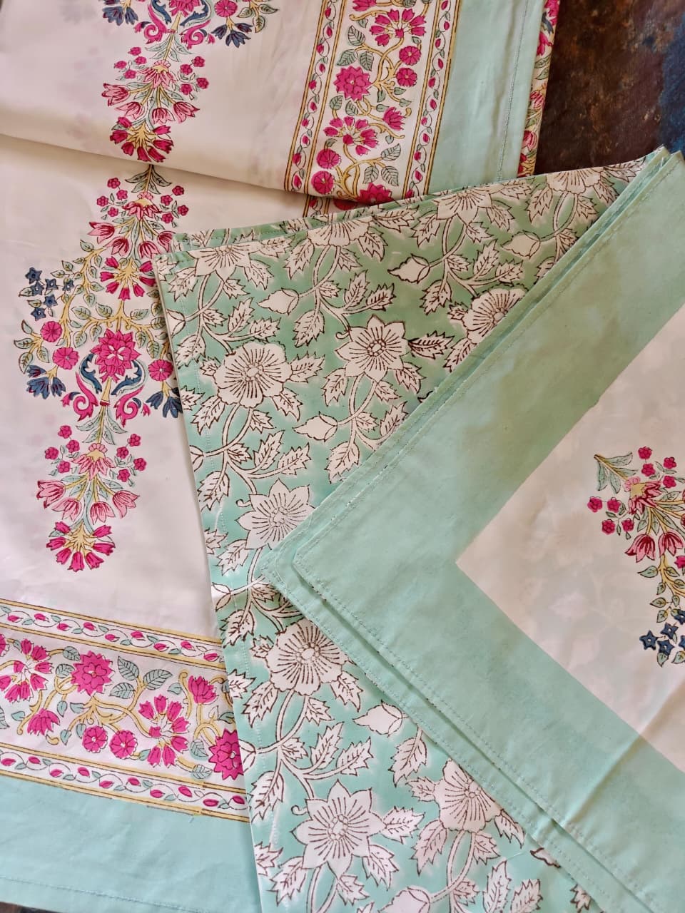 Premium Percale Cotton Hand Block Mughal Floral Luxury Collection Cotton Double Bed King Bedsheet 9f x 9f