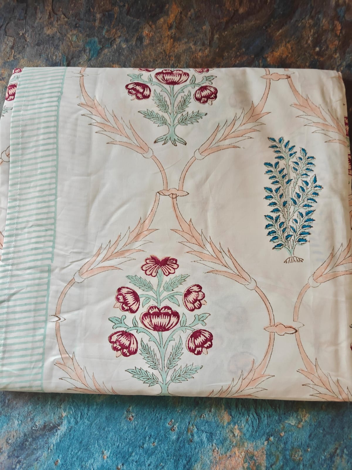 Buy Premium Percale Cotton Hand block Sea Green Double Bedsheet King 9 feet x 9 feet