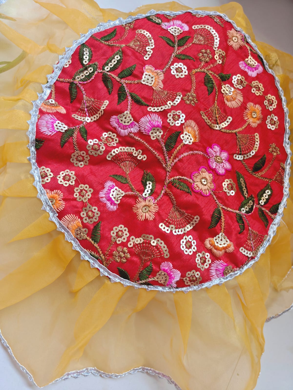 Decorative Yellow Red Embriodered Organza Gota Patti Thalposh/Thali Cover