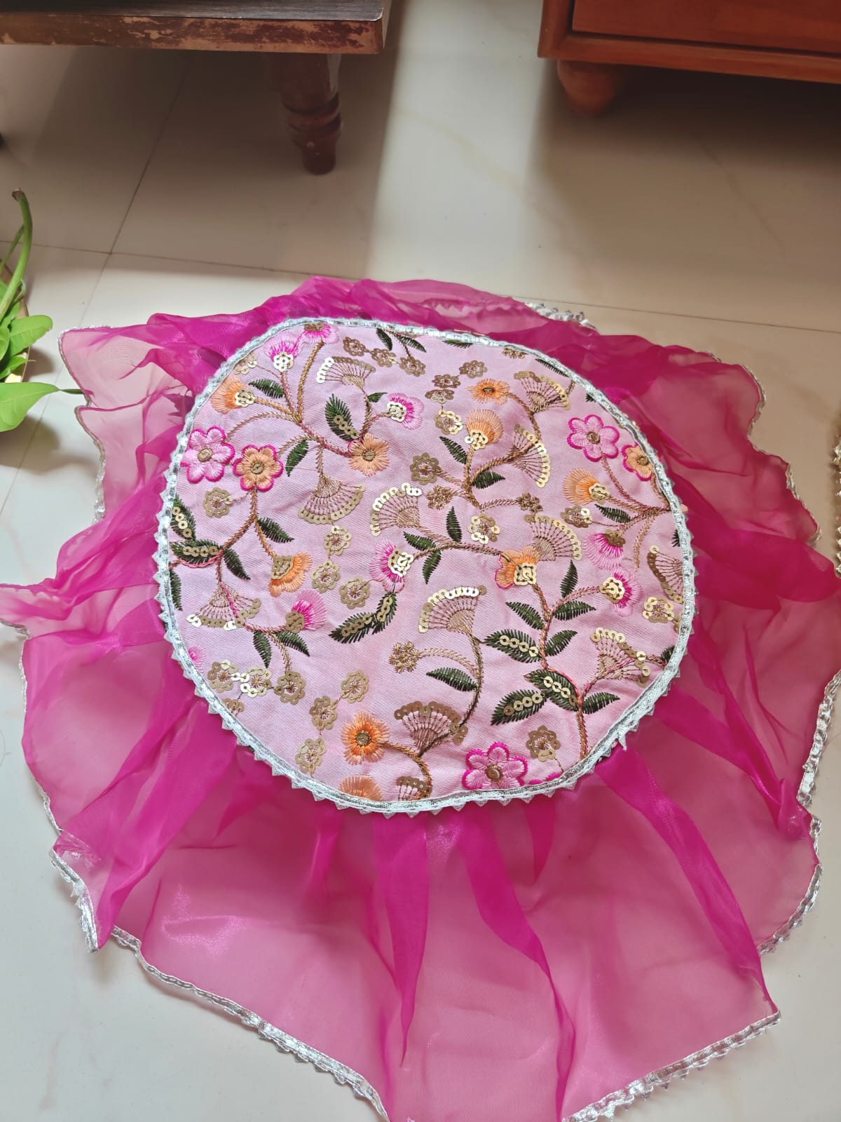 Bright Rani Pink Embriodered Golden Organza Gota Patti Thalposh/Thali Cover