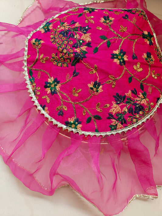 Bright Rani Pink Embriodered Pink Gold Organza Gota Patti Thalposh/Thali Cover