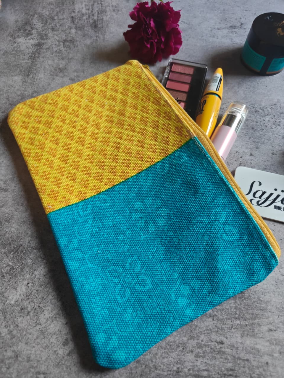 Stylish Bright Yellow Blue Cotton Pouch Travel Bag Cosmetic & Toiletry Bag