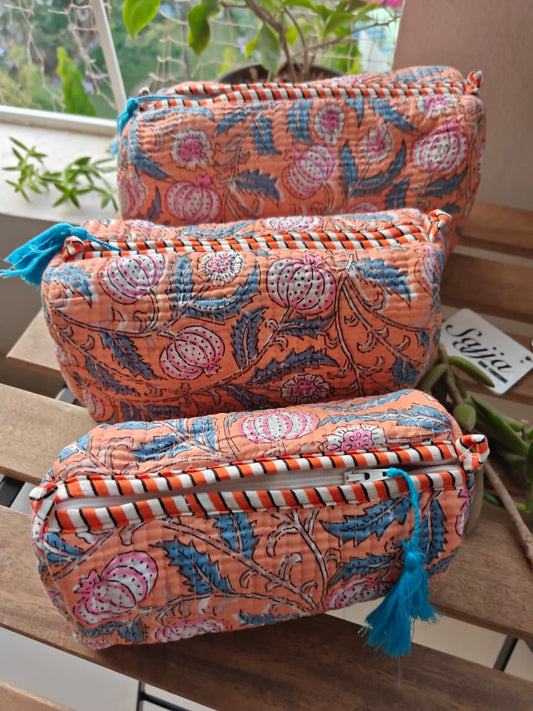 Perfect Travel Companion Hand Block Printed Cotton Quilted Floral Toiletry Bag 3 Piece Combo Set Waterproof Travel Kit