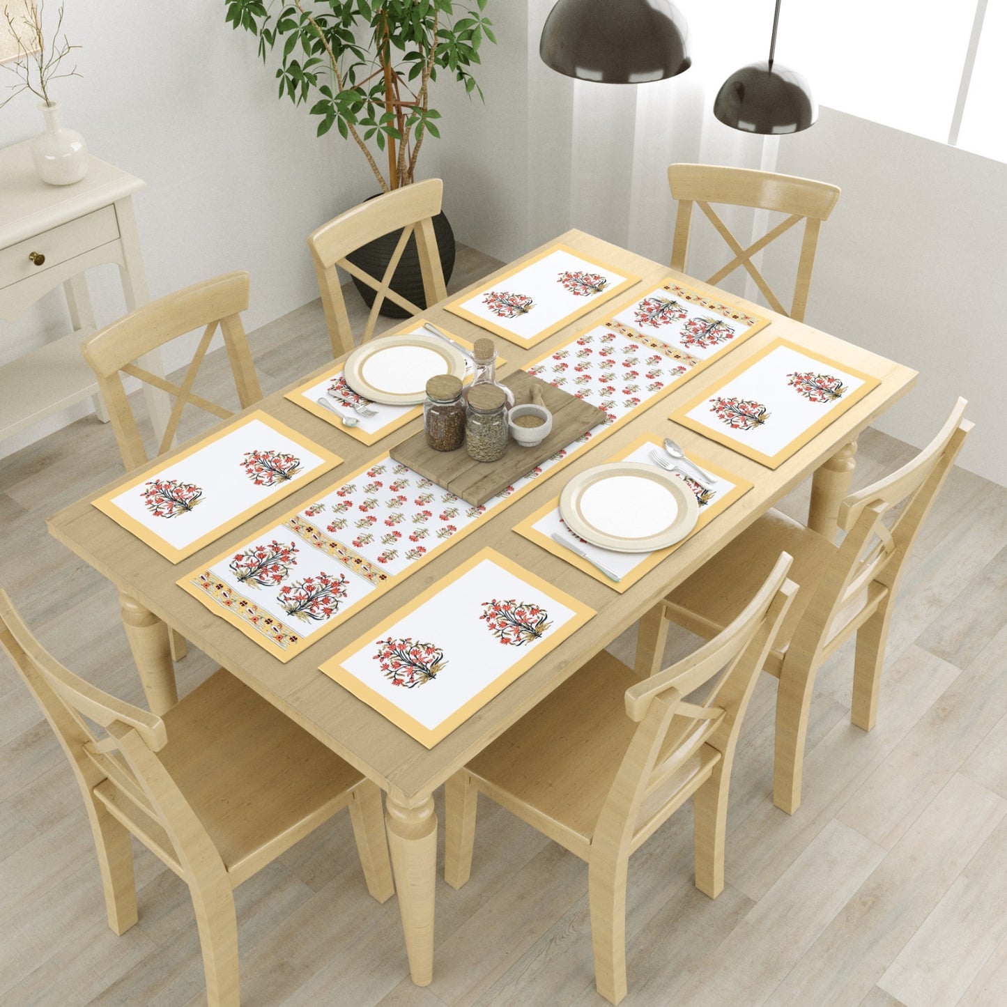 Sajja Handblock Table Linen Set Brown Yellow Poppy floral Set of 7- One Table Runner, 6 Table Mats