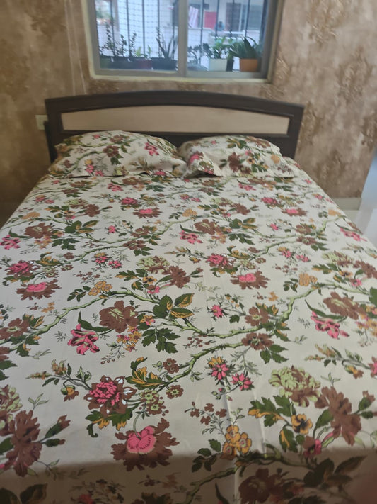 Traditional Anokhi Print Earthy Beige Pure Cotton Double bed King Bedsheet