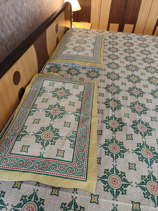 Heritage Vintage Sage Green Cotton Floral Double Bedsheet King 9 feet x 9 feet