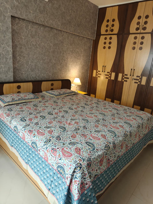 Trending Hand block Blue Paisley Pure Cotton Double Bedsheet King 108 x 108 inches