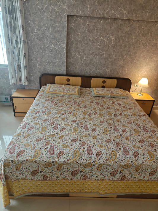 Trending Hand block Mustard Yellow Paisley Pure Cotton Double Bedsheet King 108 x 108 inches