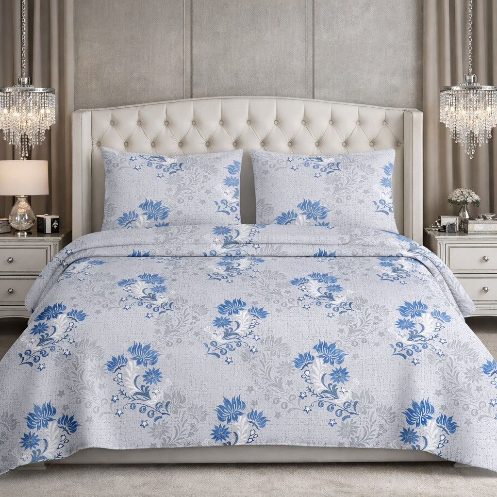 Deluxe Blue Floral Feather Soft Super King Bedsheet 10f x 10f Jumbo Size Bedsheet Set