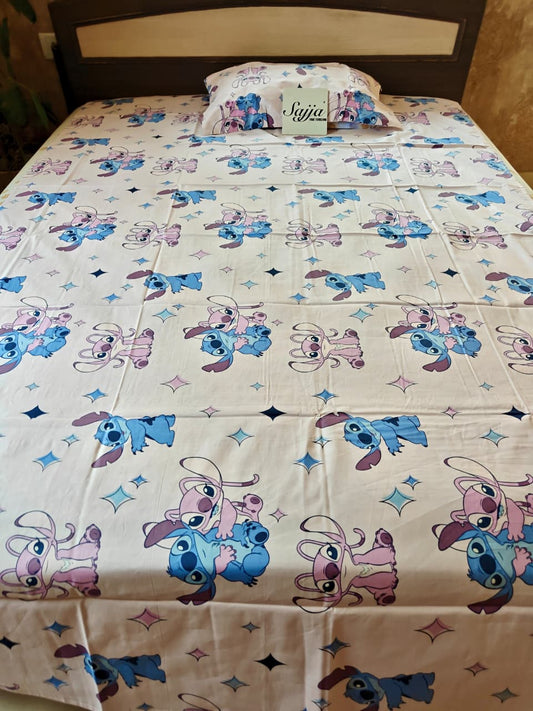 Premium Cotton Disney Leo n Stitch cute character Kids single bedsheet