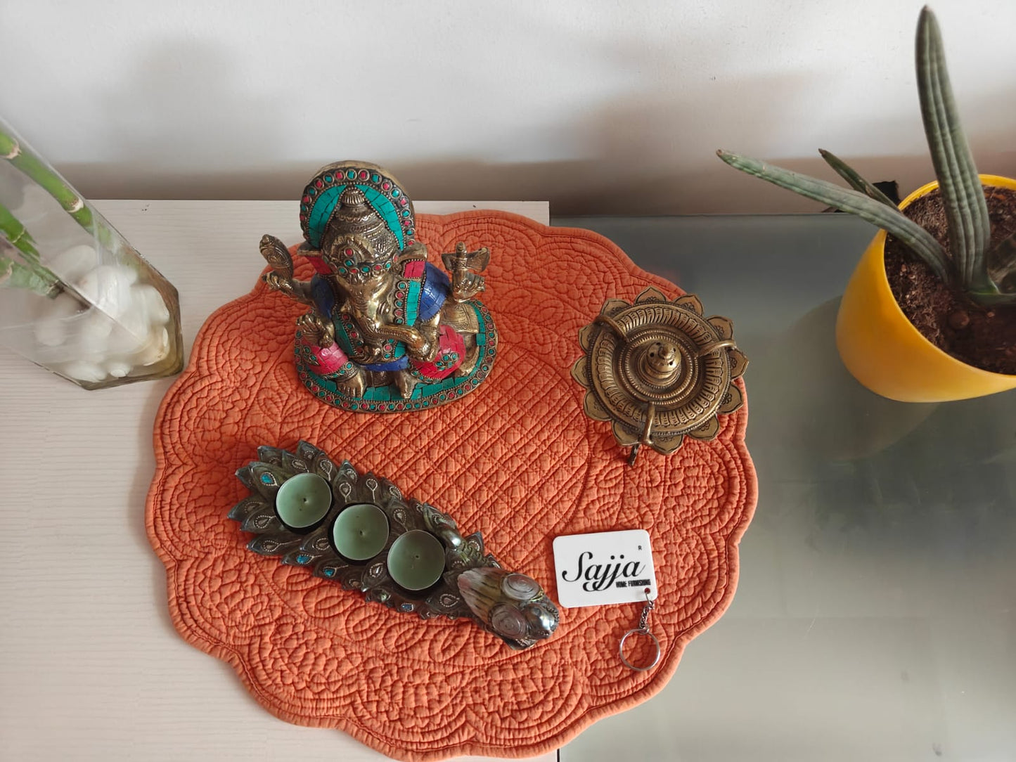 Round Tangerine Orange Cotton Quilted Table Fabric Placemat mat - 1 piece