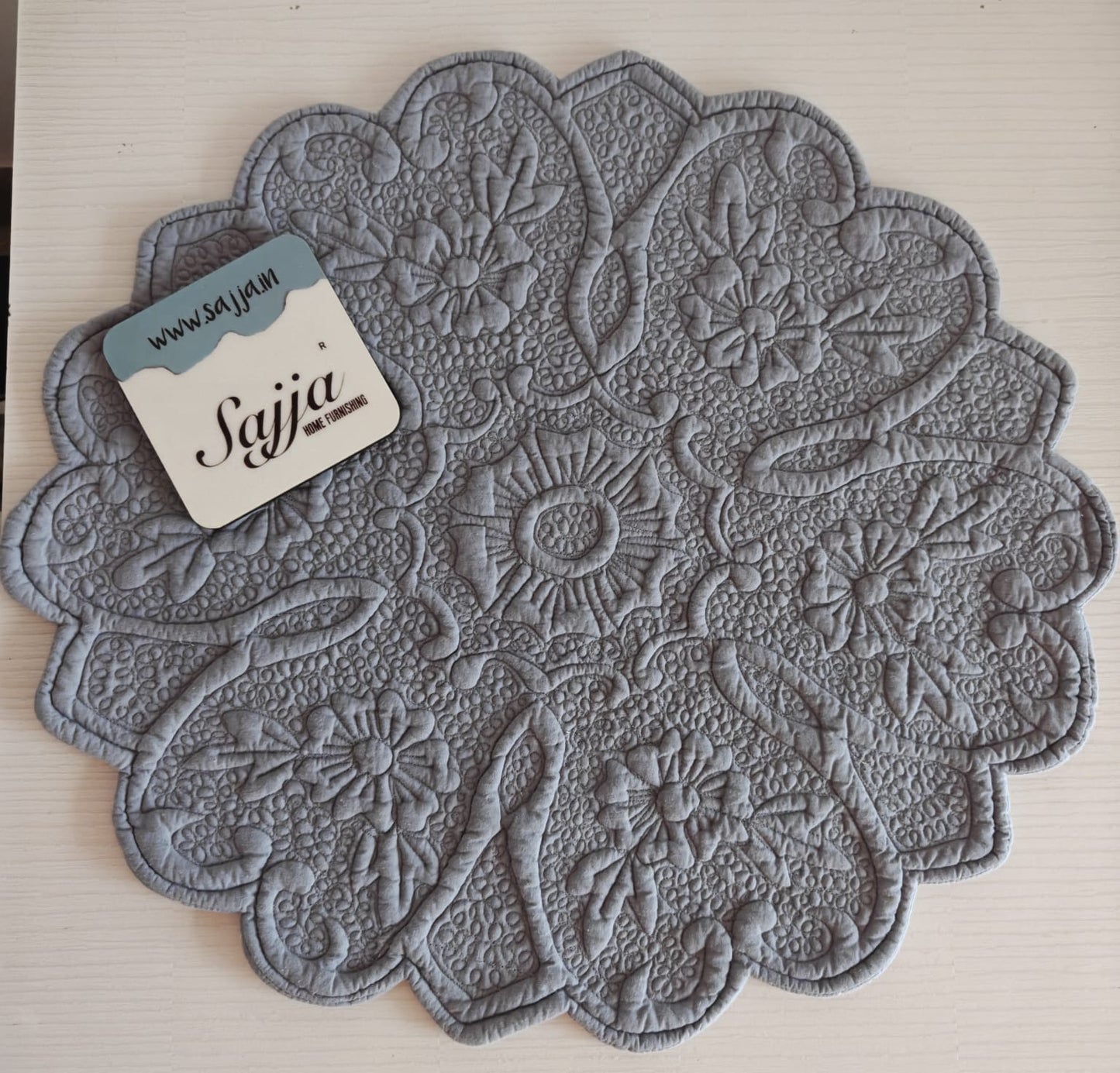 Bluish Grey Cotton Decorative Floral Quilted Tablemat Placemat