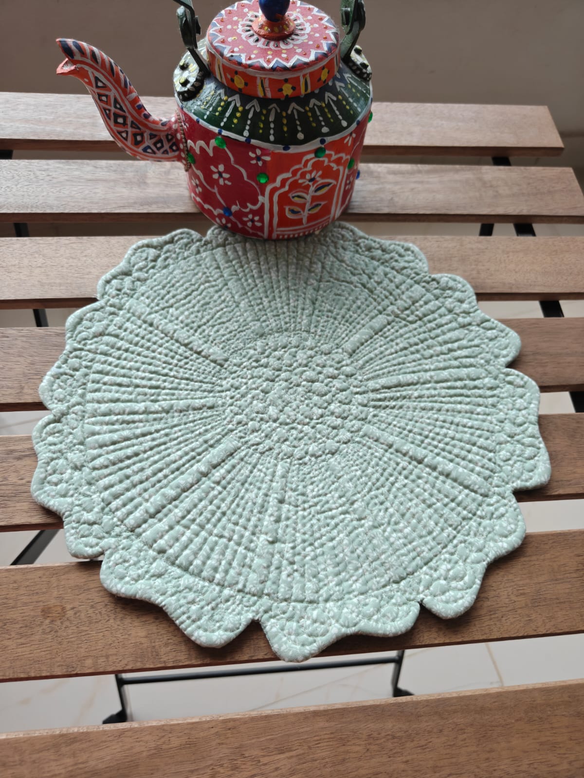 Sage Green Printed One side , Solid back Round Floral Quilted Table Placemat Trivet