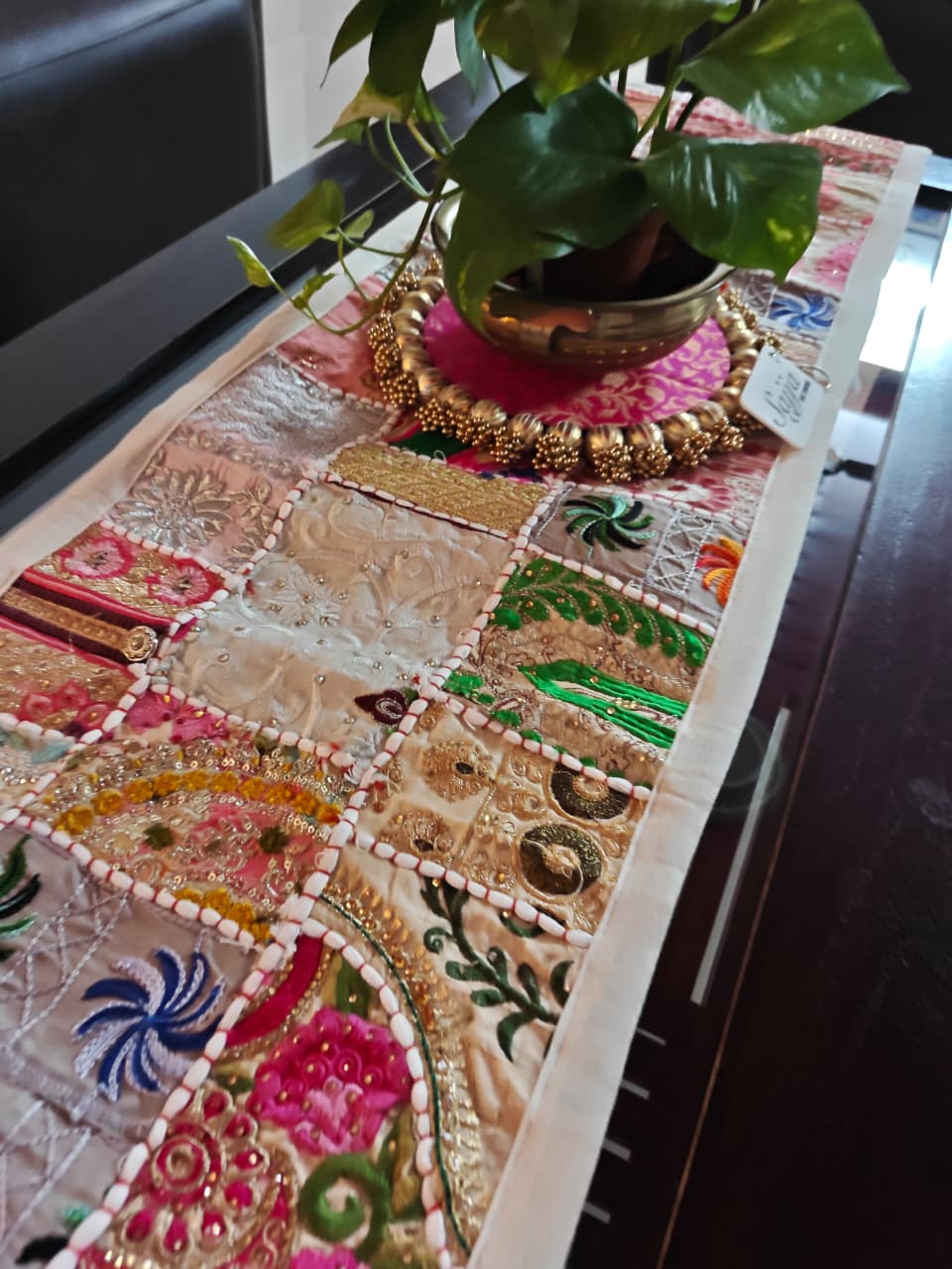 Trendy Ethnic Embroidered Cream Cotton Table Runner (14 x 60 inches)