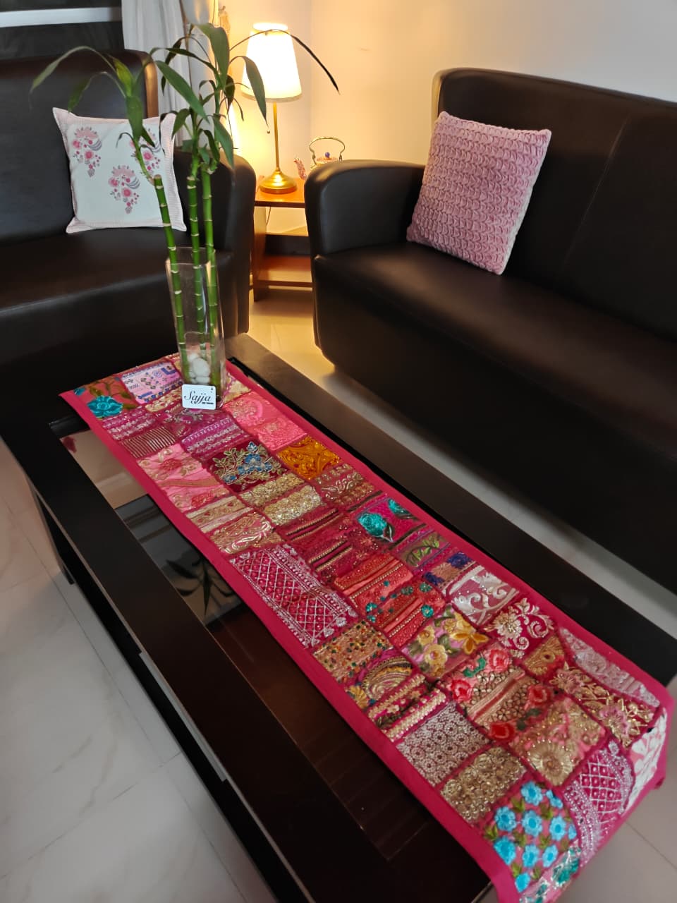 Pink Khambadiya Patchwork Ethnic Embroidered Cotton Table Runner (14 x 60 inches)