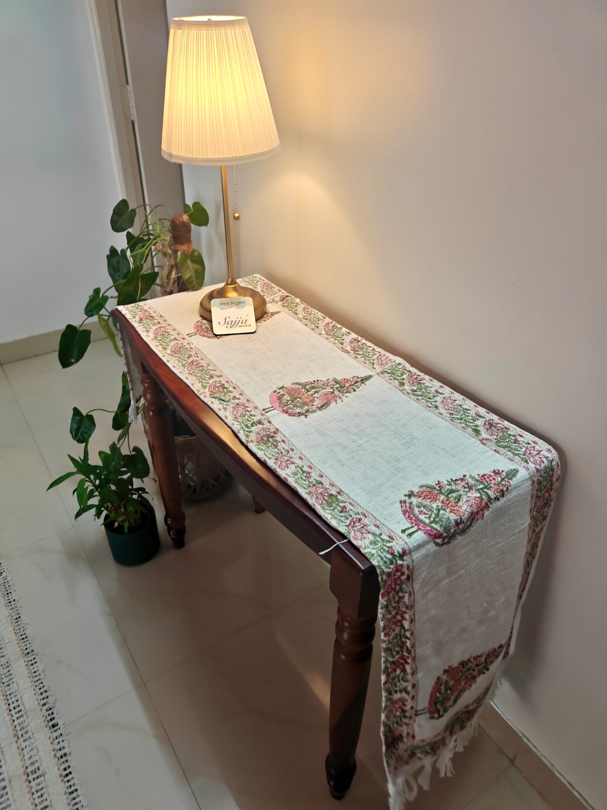 Blush Pink Sap Green Pine Floral Jute Cotton Table Runner For Dining Table