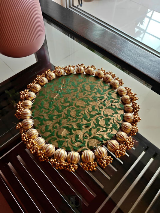 Reversible Handmade Jhumki Platter (11 Inch) with Gota Balls & Golden Moti Wedding Decoration Setup, Festive Home Décor, Haldi Mehendi Setup, Table Centerpiece & Wedding Gifting Items