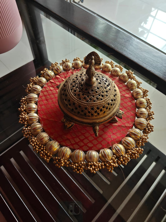 Reversible Handcrafted Golden Yellow Banarasi Decorative Platter Plate 11 inches