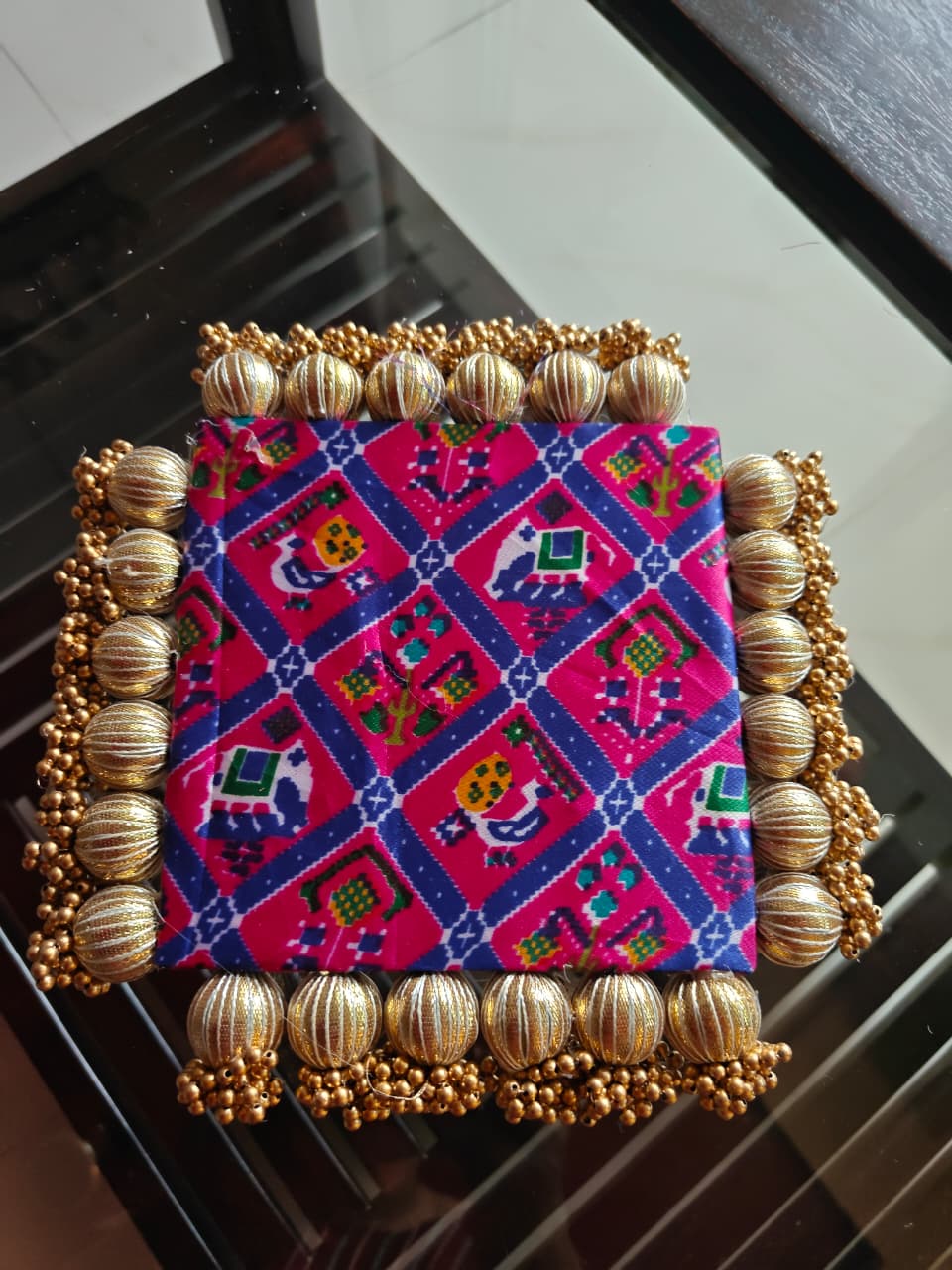 Handcrafted Golden Bandhej Square Purple Pink Decorative Platter Plate 9 inches Bhagwan Singahsan