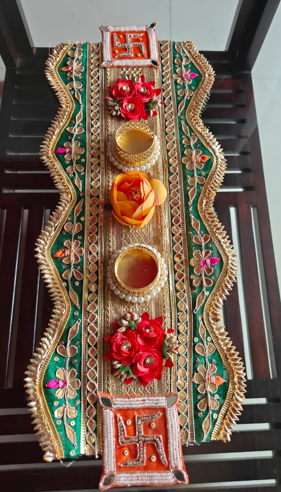 Swastik Gota Patti Festive Centre piece Decor Tealight Runner Mat Rectangle Rangolis