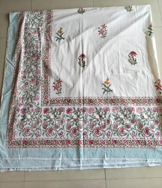 Vintage Royal Handblock Floral White Pure Cotton Double Bedsheet King (9 feet x 9 feet)