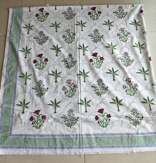 Vintage Hand block Green Pooklam Floral Cotton Double Bedsheet King 9 feet x 9 feet