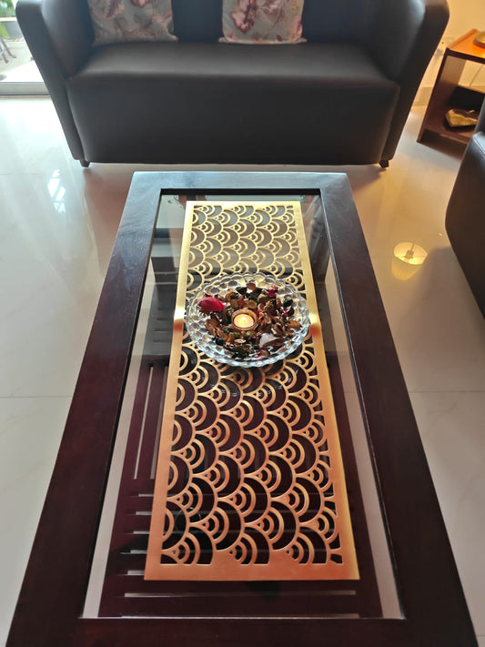 Chic Gold Table Runner Rexine poly vinyl cutwork 13 x 36 Gold for Coffee Table, Dining Table and Centre Table