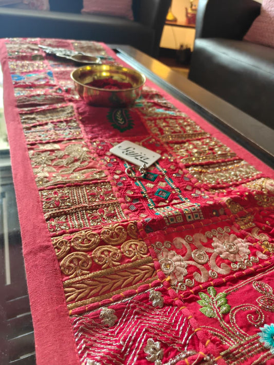 Red Patchwork Embroidered Cotton Khambadiya Patchwork Table Runner
