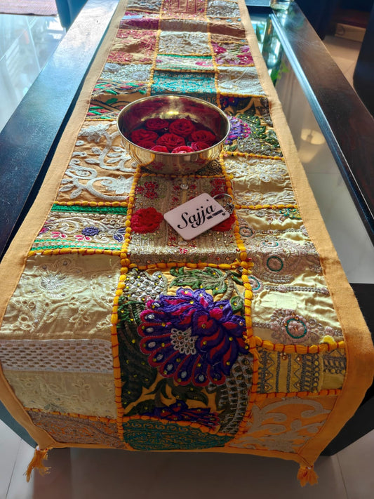 Elegant Ethnic Rectangular Festive Yellow Cotton Table Runner (14 x 60 inches)