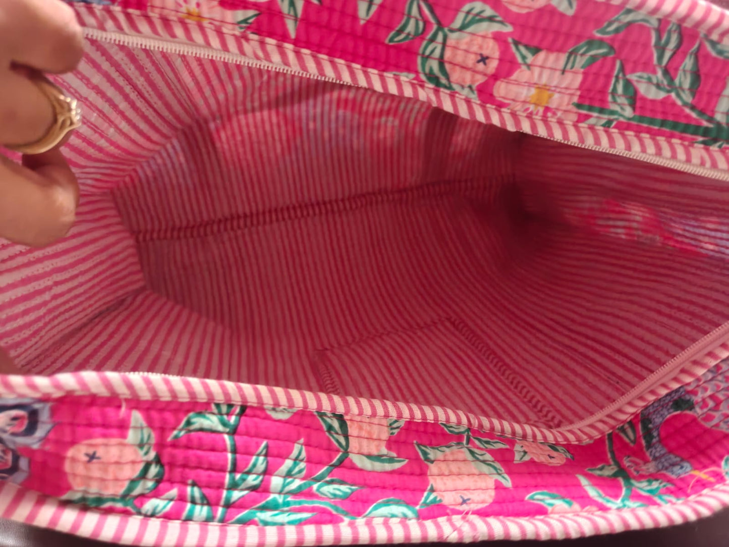 Peacock Block print tote bag - Boho quilted women's bags - Women's handbag - Pink Hand block Printed Quilted cotton Shoulder Bag
