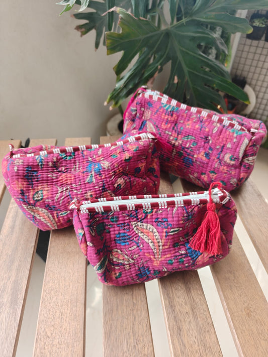Wine Pink Hand Block Print Floral Toiletry Multiuse Cotton Pouches Set of 3 Make up bags
