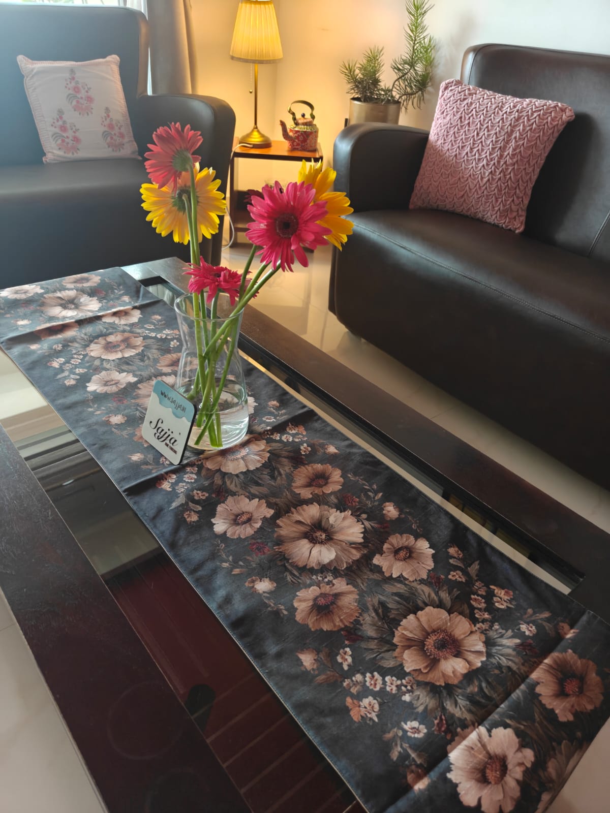 Sajja Sepia Vintage Floral Beige Gold Elegant Silk Table Runner (12 x 72 inches)