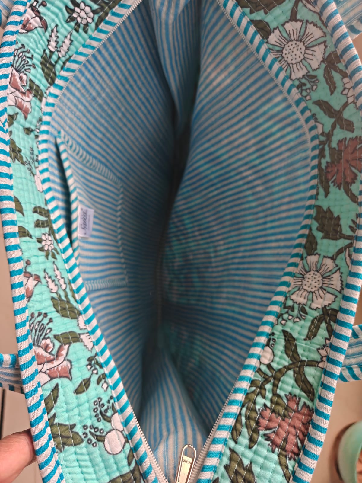 Bright Floral Turquoise Hand block Printed Quilted Tote Bag (Large With Zipper)