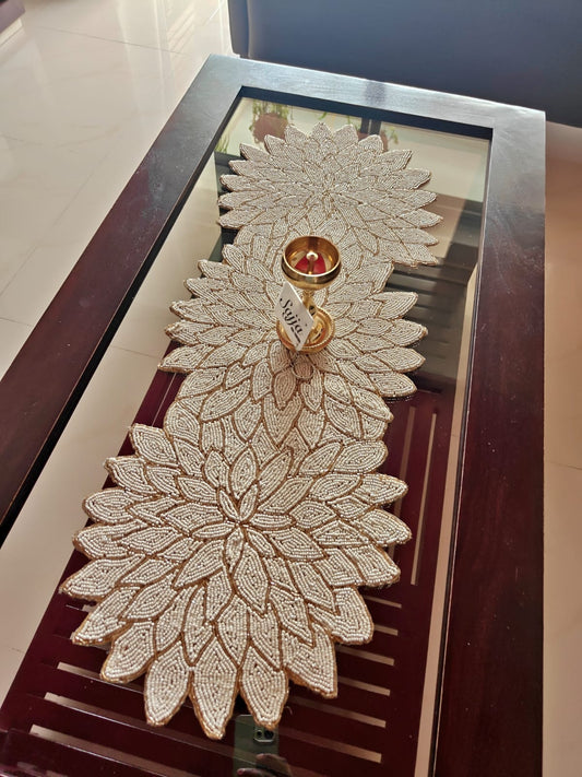 Designer White Gold Floral Handwork Beads Table Runner Home Décor