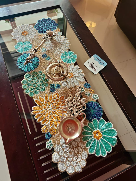 Elegant Floral Blue Bloom Handwork Beads Table Runner