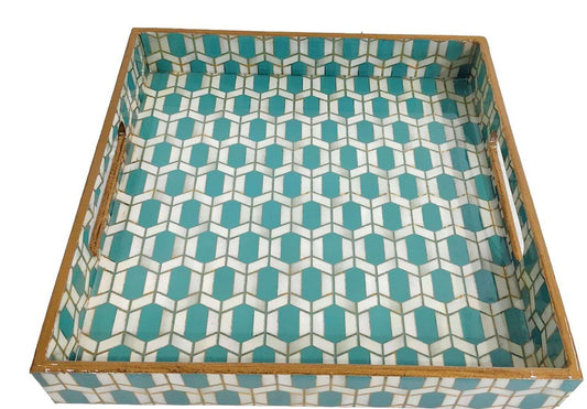 Turquoise Marble Inlay Print Decorative Sqaure MDF Tray | Stylish Serving & Home Décor Tray