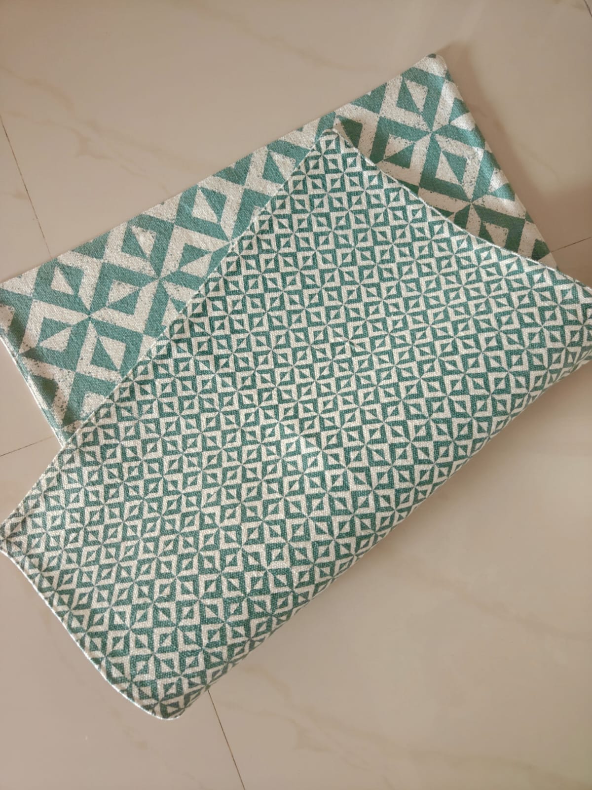 Buy Sajja Green Teal Geometric Mat, Two Cosy Settings Duck Cotton Floor Mat Rug | Use as Table Décor Mat | Reversible Geometrical Pattern