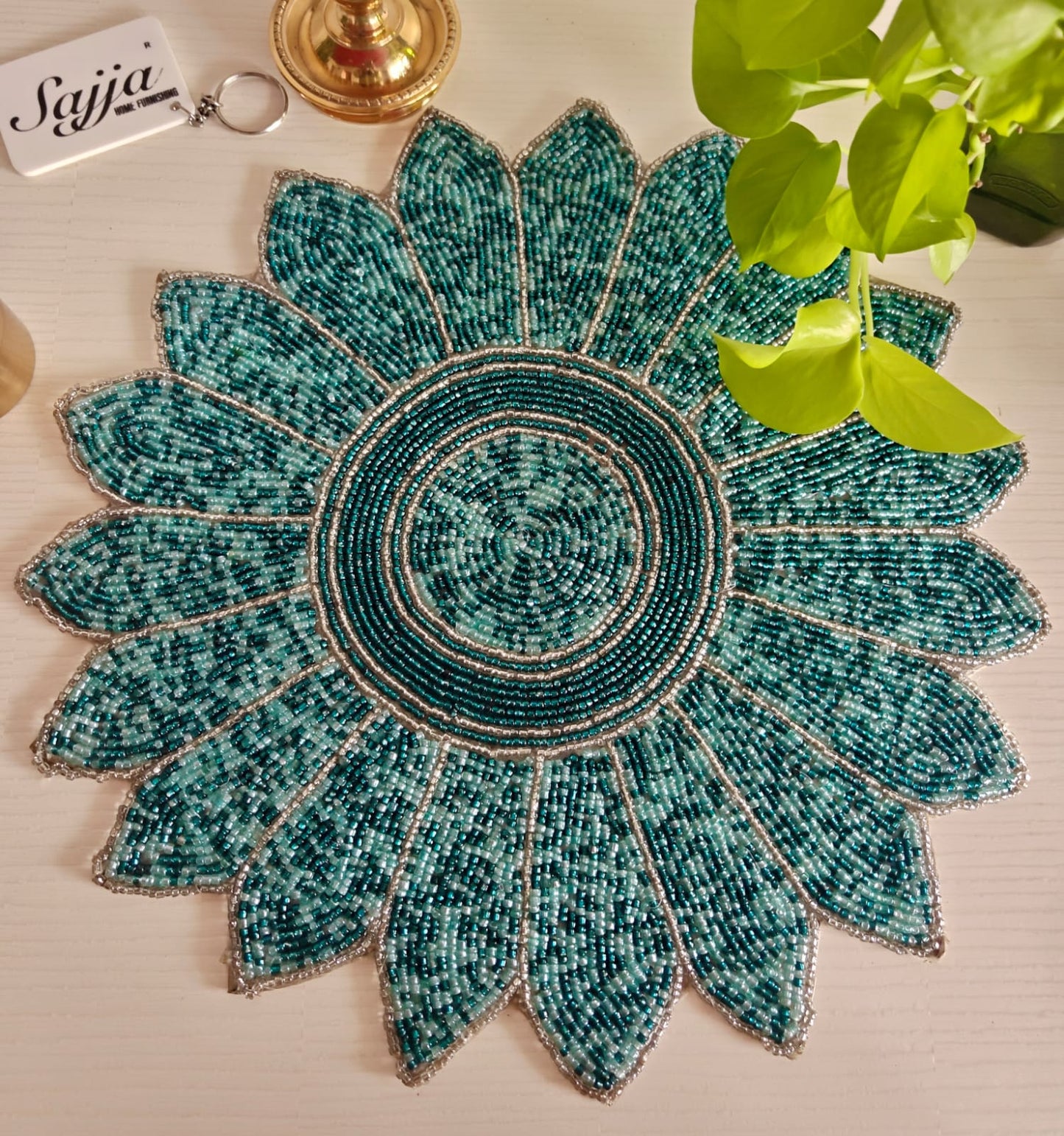 Handmade Teal hued Round Beaded Table Placemat For Home Décor