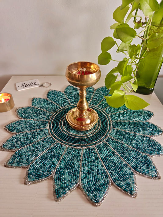Handmade Teal hued Round Beaded Table Placemat For Home Décor