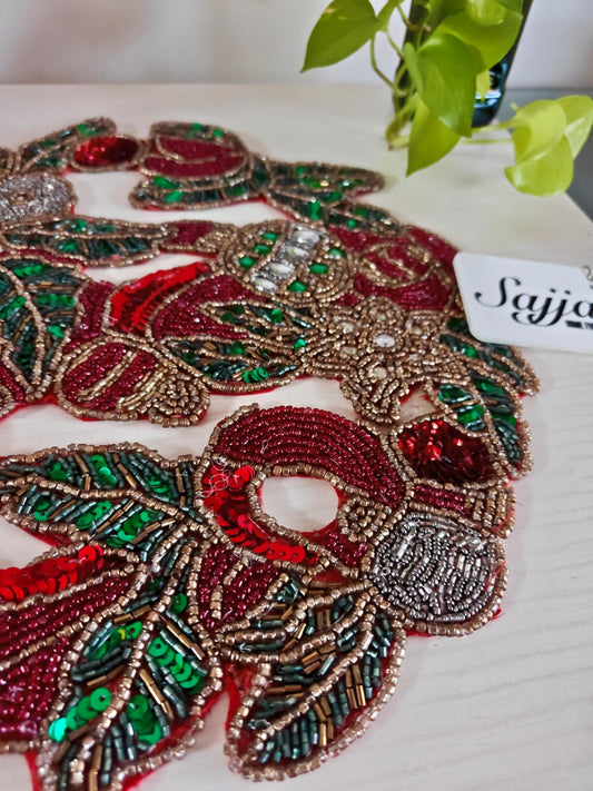 Magnificent Festive Red Green Gold Cutwork Placemat Beads Mat