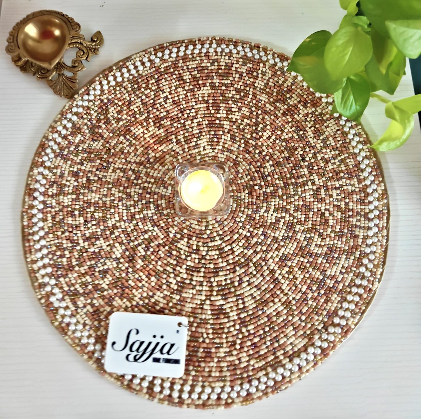 Stylish Handcrafted Elegant Beige Natural Beads Glass Table Mat Placemat